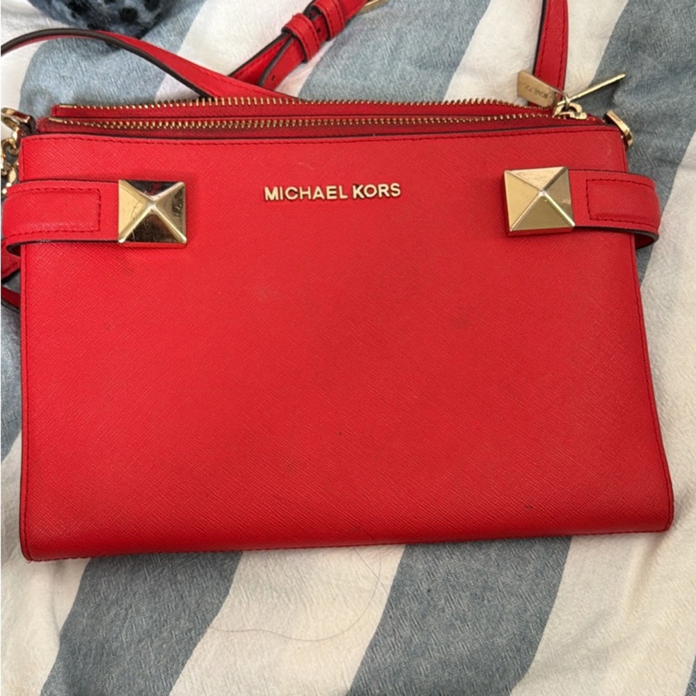 Michael Kors Bold Red Crossbody Bag with Gold Accents